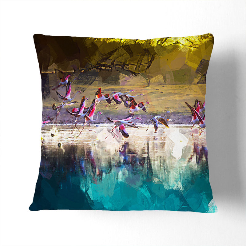 Flamingos Taking Flight in Abstract Cushion with Filling, 55cm H x 55cm W x 20cm D, Black