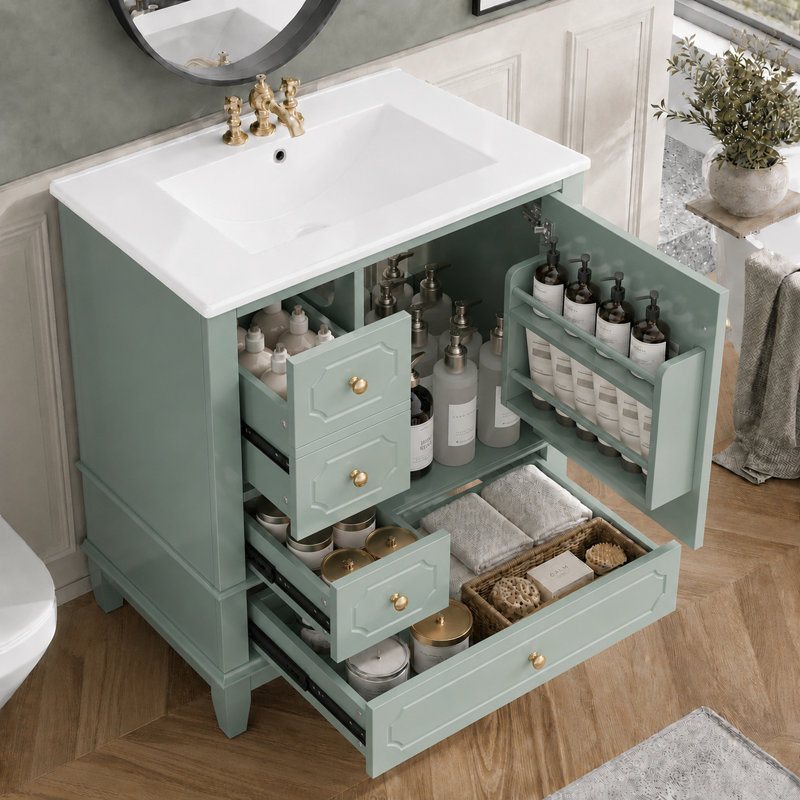 Meuble-lavabo autoportant Velmori de 30 po avec comptoir en céramique et rangement intelligent, Satin Brass, Sage Green