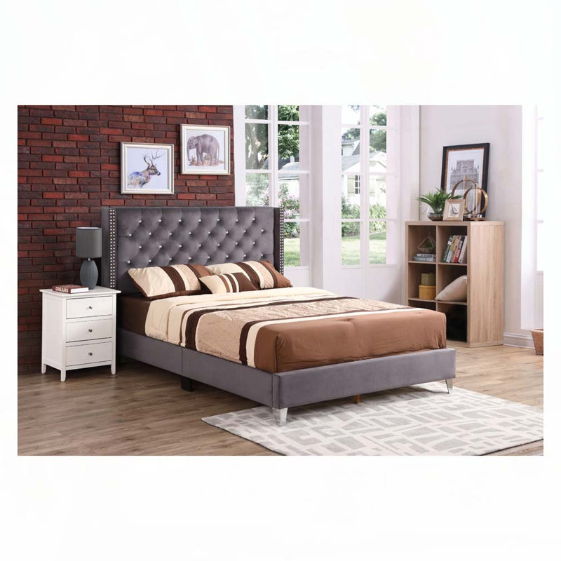 Velvet Upholstered Bed with Tufted Headboard, Grey, Queen