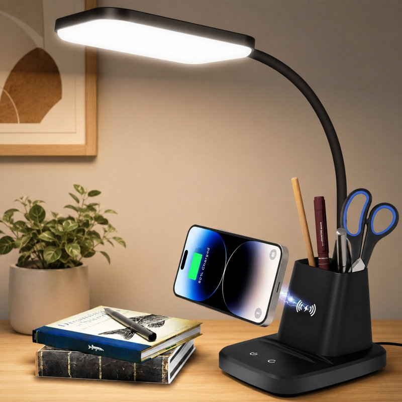 Lampe de bureau à DEL noire avec chargeur sans fil et porte-stylo - 3 modes d'étude de couleur à intensité variable CRI85 800LM pour bureau à domicile