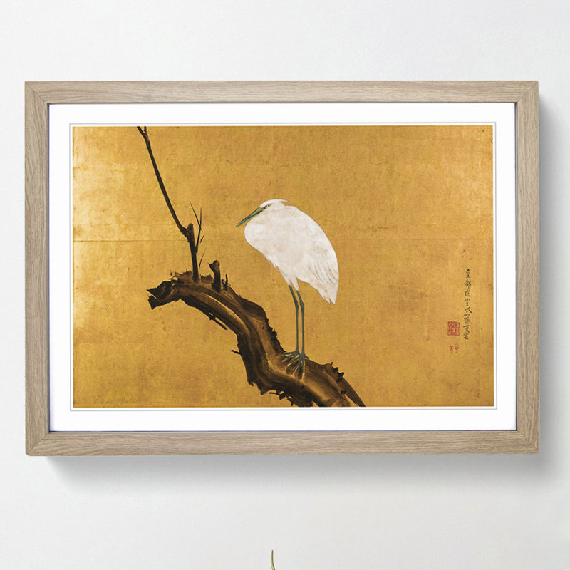 Heron on a Willow Tree Branch by Maruyama Okyo - Picture Frame Painting Print, 36cm H x 48cm W x 2cm D, Oak Framed