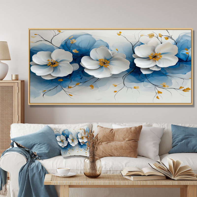 Velours fleurs de cerisier bleues Simplicity III - Fleurs de cerisier, H 28 po x l 60 po, Cadre flottant, Blanc