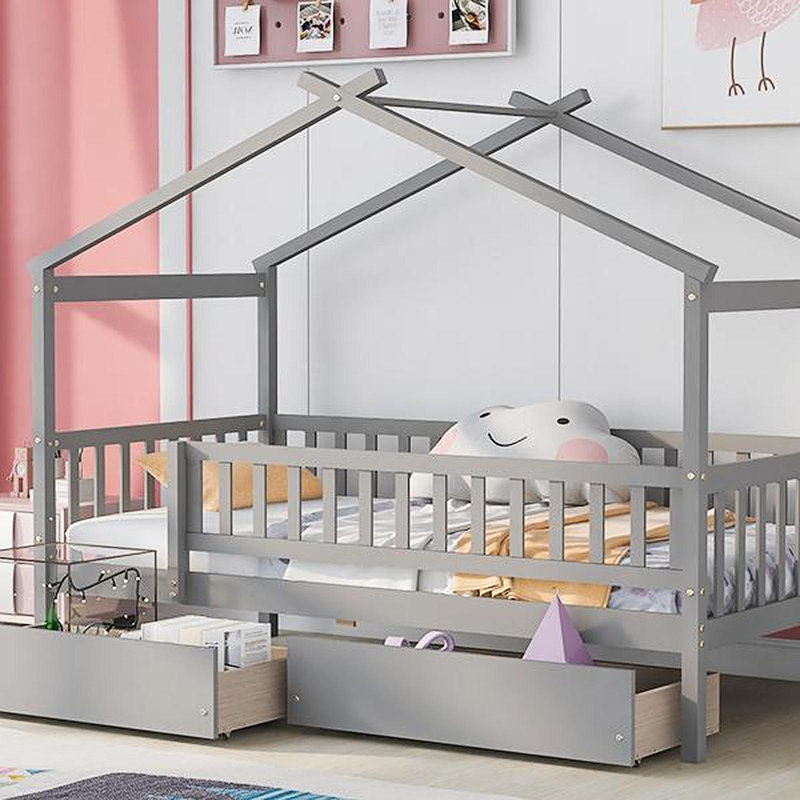 Lit simple en bois avec deux tiroirs, gris
