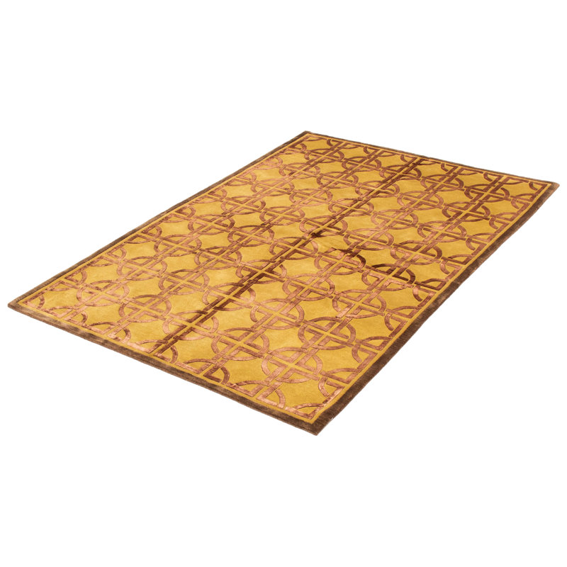 Tapis jaune noué à la main à motif géométrique Checotah
