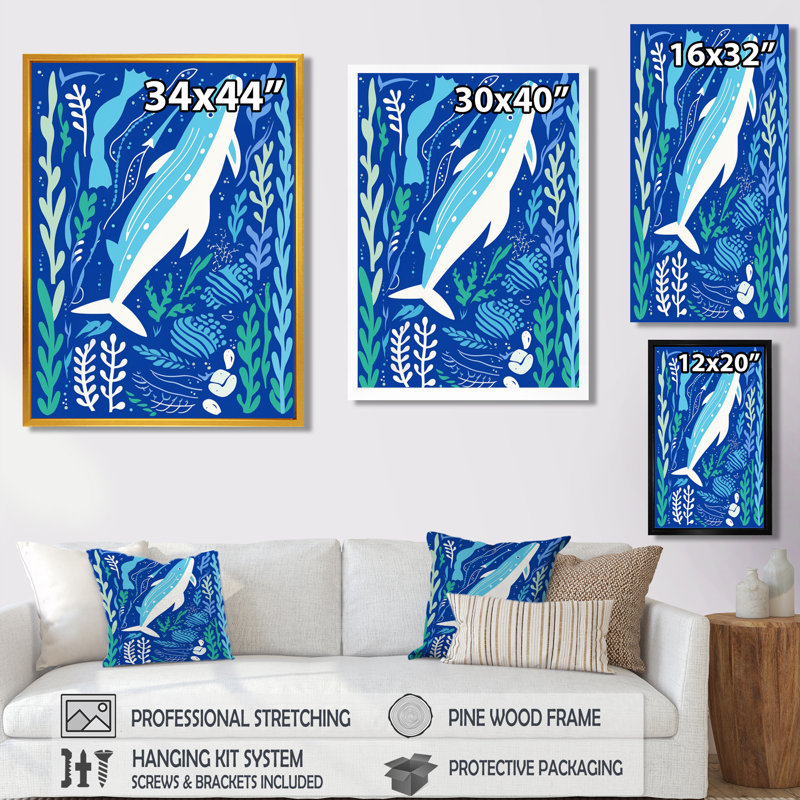 Deep Ocean Whale Retro Illustration - Whale Animal Wall Art Print, 32" H x 16" W, Black Floater Framed, Canvas