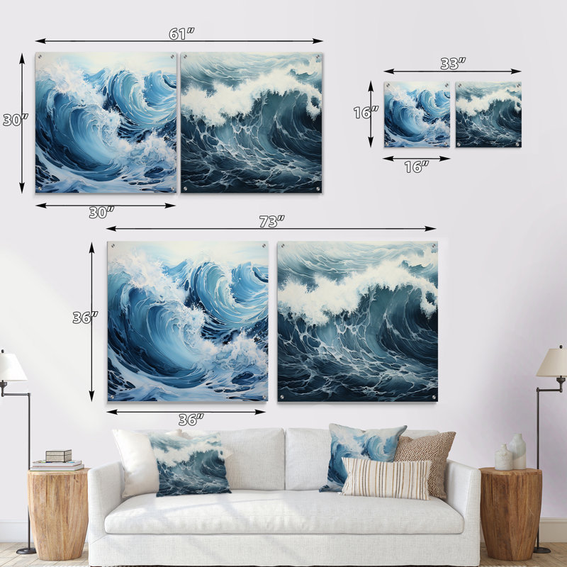 Minimalisme océan tempête - ensemble de 2 verres muraux en acrylique, H 36 po x l 73 po