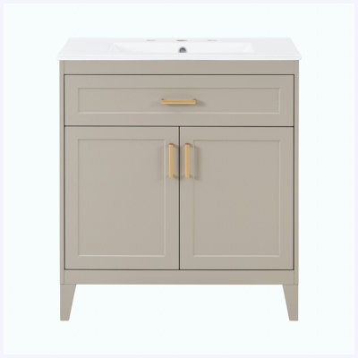 30" Freestanding Bathroom Vanity with Ceramic Sink, Solid Wood Legs, Soft-Close Double Doors & Tip-Out Drawer, Adjustable Shelf & Door Organizers, Beige