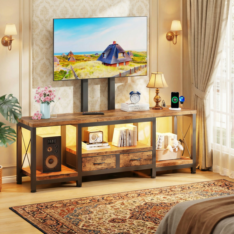 Meuble télé avec support réglable pour téléviseurs de 32 à 70 po, console multimédia avec prises de courant, tiroirs en tissu et lumières DEL