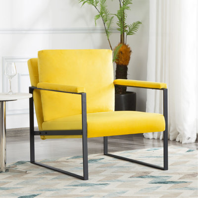 Fauteuil d'appoint avec cadre en métal de 26,8 pouces, fauteuil rembourré avec coussin en mousse haute densité, housse de dossier amovible et lavable, chaise d'appoint facile à assembler pour le salon, jaune, velours