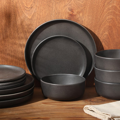Gibson Elite Pasco 12 Piece (Service for 4) Plates and Bowls Double Bowl Reactive Glaze Dishes Stoneware Ceramic Dinnerware Set - Black