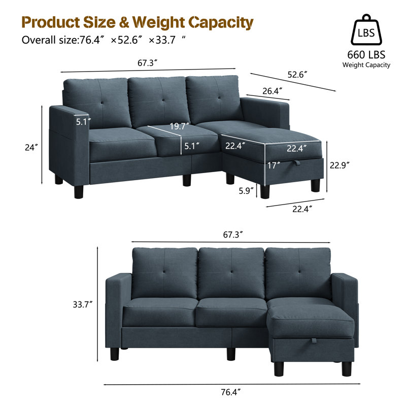 Degnan 76.4'' Upholstered Sofa Chaise, Dark Grey