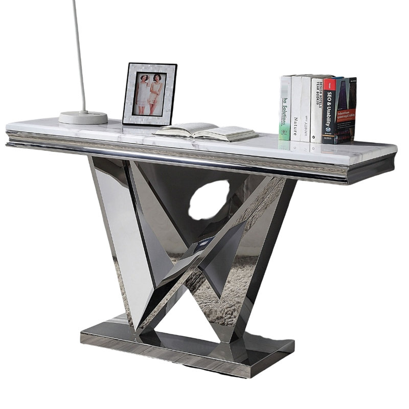 Table 1Pc avec faux marbre 18 mm, base piédestal en V en acier inoxydable, décoration rectangulaire avec plateau en marbre biseauté et structure de soutien