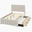 Lit plateforme double tapissier avec gigogne simple et 3 tiroirs, tissu en lin, beige-1144314180