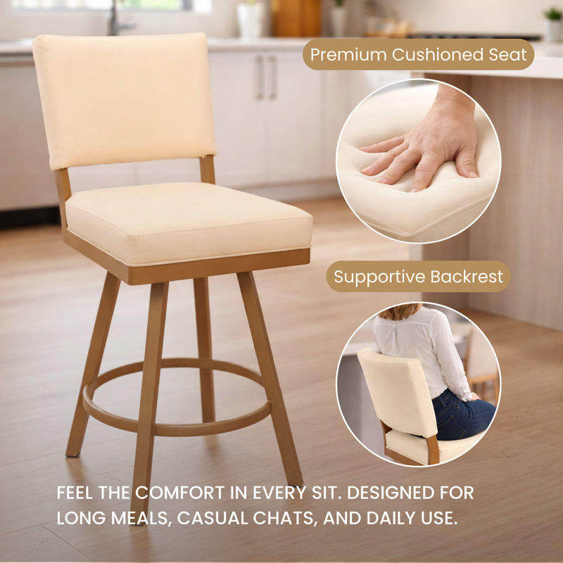 Sunnydale Emerson 26" Swivel Counter Stool, Velvet Gold Finish & Alabaster Cream Leatherette