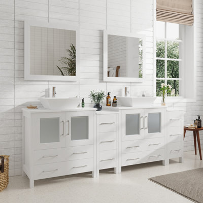  Meuble-lavabo autoportant moderne à double cuve 84 po avec plateau en marbre d'ingénierie et miroirs assortis