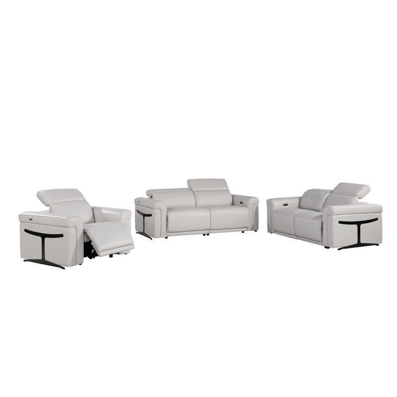 Ensemble de salon inclinable en cuir italien 3 pièces Doniece, Cuir véritable gris clair