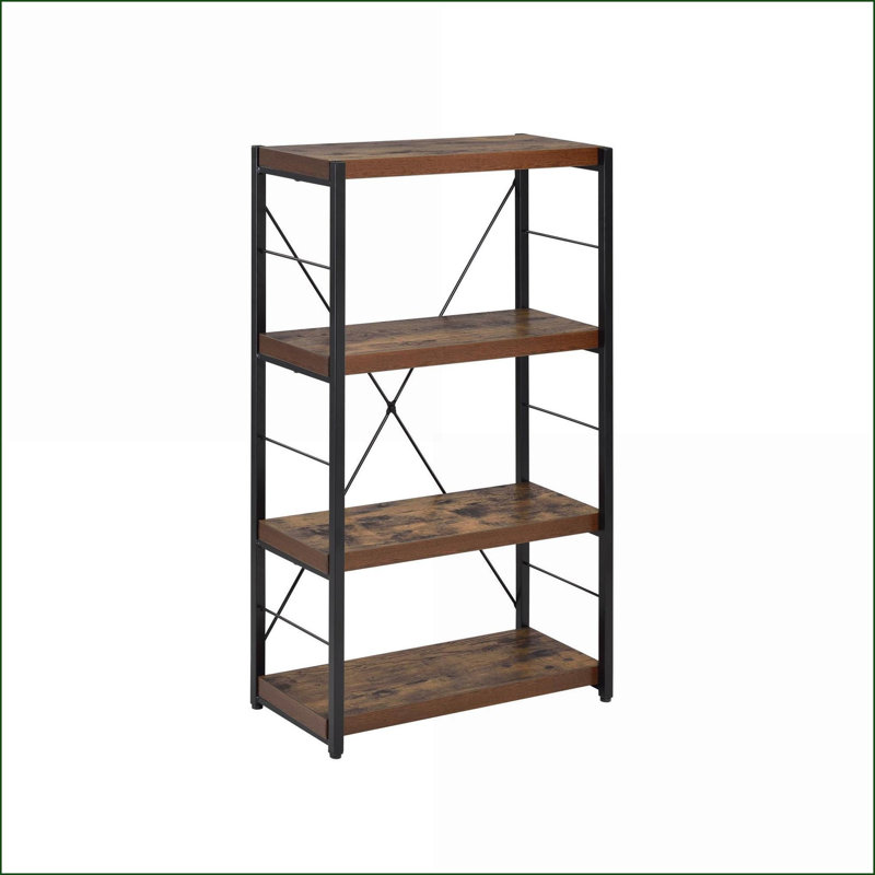 Bibliothèque rustique industrielle avec 4 tablettes fixes et plateau en chêne noir patiné | Noir | Chêne, Noir/chêne