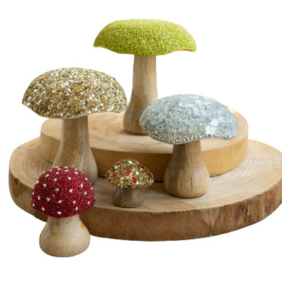  Decorative Mushroom Set with Mosaic Tops – Five Pieces, 5.5" Tall