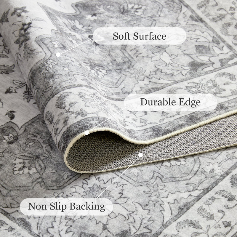 Oriental Inspired Vintage Machine Washable Area with Non-Slip Backing for High Traffic Area, Living Room, Bed Room, Kitchen, Hallway, Entryway Rug