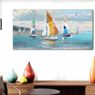 Sailboat Wall Art Blue Abstract Canvas Art Nautical Textured Artwork Ocean Picture Wall Decor, Large Coastal Painting For Living Room Bedroom Home Office, 40"X20"