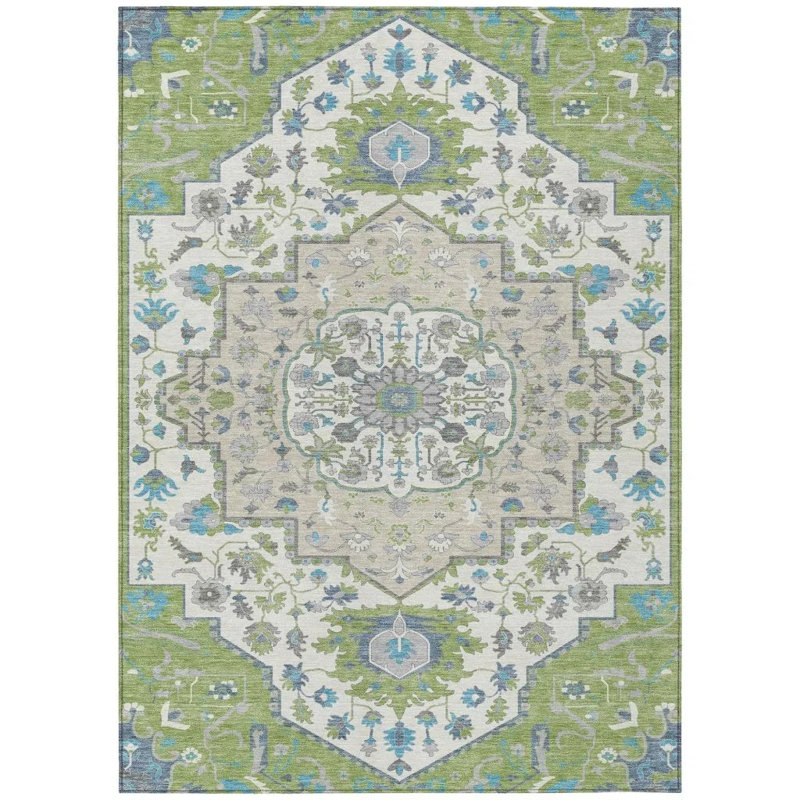 Lidia Green Washable Indoor-Outdoor Rug - , 10' x 14'