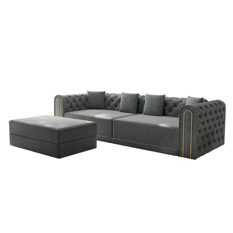 90.6" 3-in-1 Convertible Sleeper Sofa - Elegant Modern Couch with Button Tufting & Gold Edge Trim, 3-Seater with Movable Ottoman (Dark Grey)