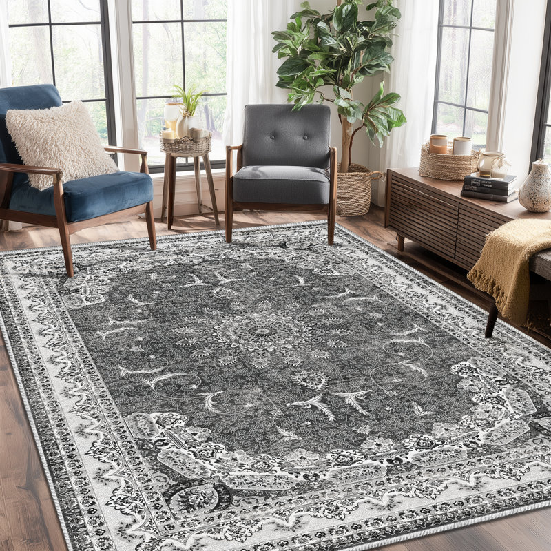 Oriental Floral Medallion Performance Machine Washable Non Slip Area Rug, Rectangle 5' x 8'