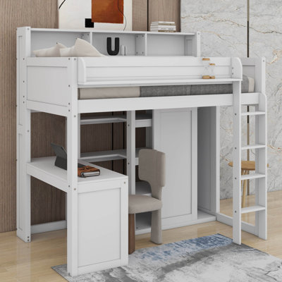 Lit mezzanine en bois avec tablettes et garde-robe