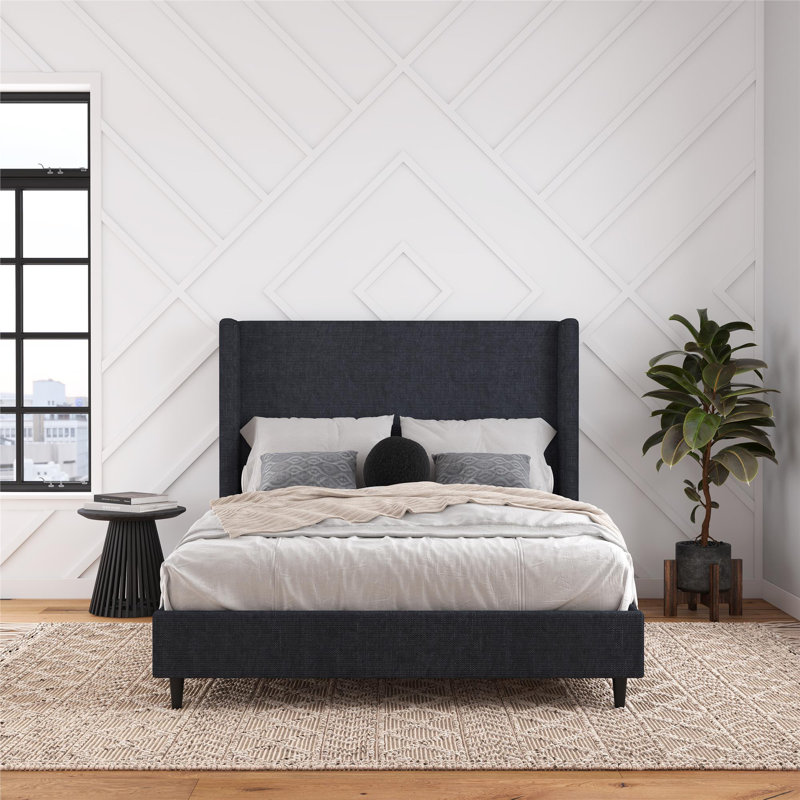 Ana Upholstered Wingback Bed, Dark Blue Canvas, Queen