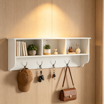 White Wall Mounted Storage Rack With 4 Hooks And 3 Open Compartments, Suitable For Use In Living Rooms, Bedrooms, Kitchens, And Other Places