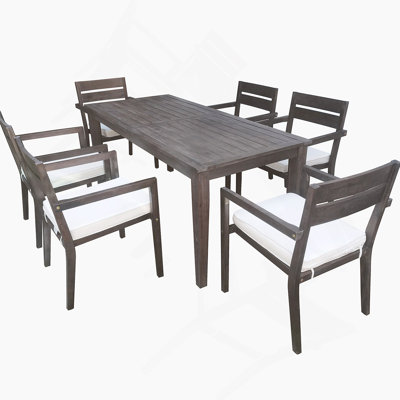 7 Pieces Outdoor Dining Set, Wood Table With 6 Chairs For Lawn, Backyard, Garden Deck, Poolside
