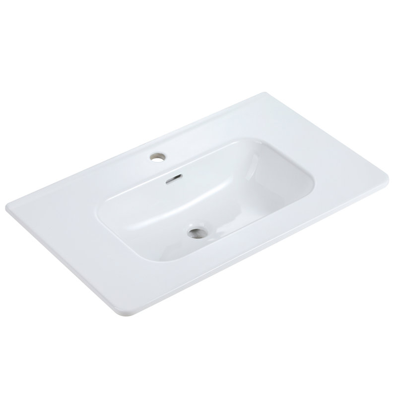 Lavabo intégré en céramique blanche, finition brillante sans soudure, drain non inclus