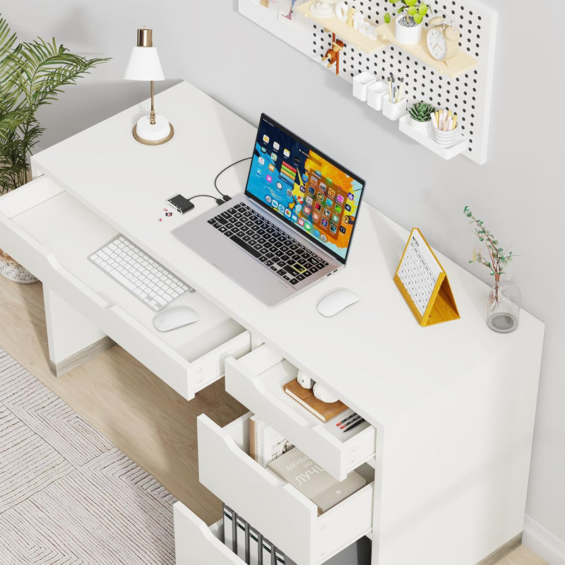 Bureau 52 pouces avec 4 tiroirs, petit bureau d'ordinateur pour les petits espaces, Blanc, H 29,6 po x l 52 po x P 19,7 po