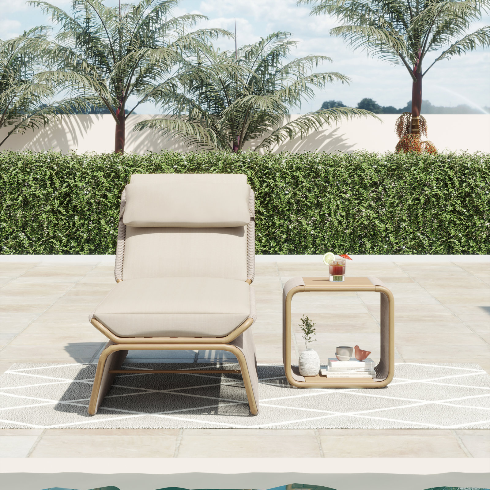 Harper 26.38'' Outdoor Chaise Lounge with Table, Canvas Vellum, White