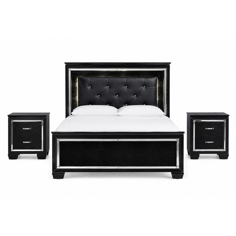 Ensemble de chambre à coucher grand lit, rangement de tiroir, noir, ensemble de 3 pièces avec 2 tables de chevet, Noir