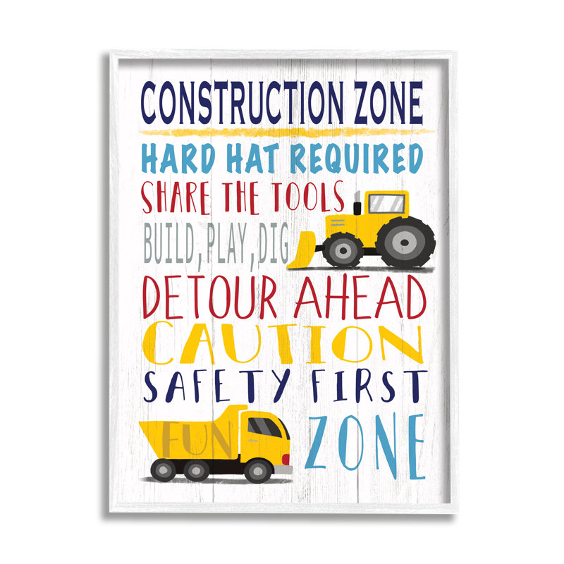 Kid's Construction Zone - Art textuel, H 14 po x l 11 po x P 1,5 po, Giclée encadrée blanc bord de mer