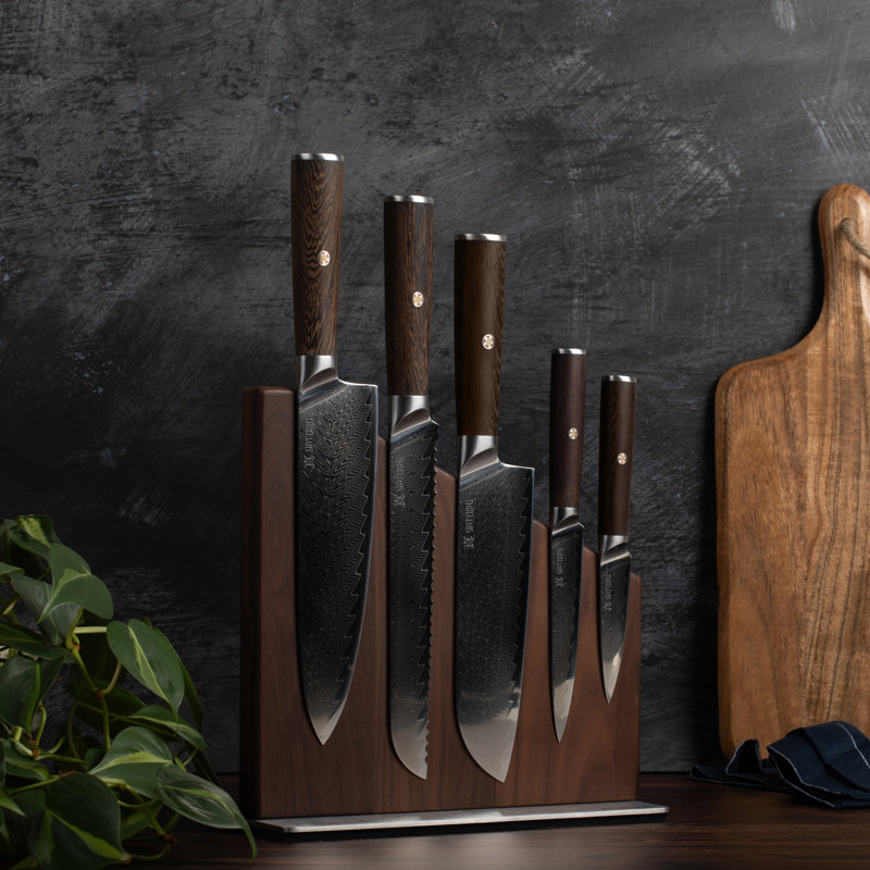Ensemble de couteaux de cuisine magnétique à poignée brune Damas, Brun