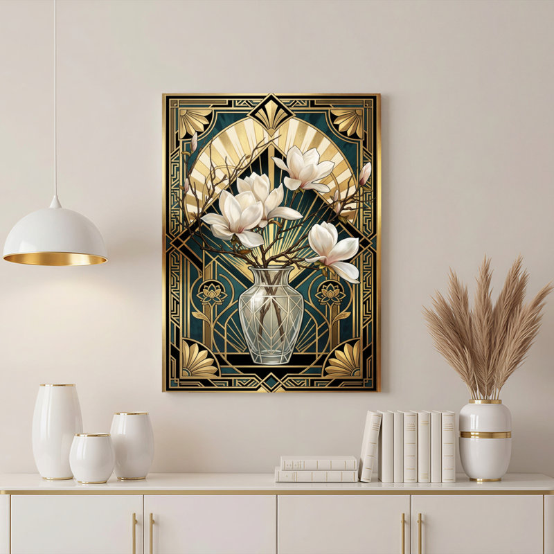 Art déco, magnolia, art floral sur toile tendue, impression sur toile, ensemble de 1, H 24 po x l 16 po