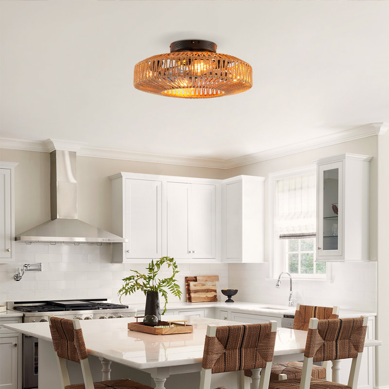 20”Linen Rope Caged Flush Mount Ceiling Fans , Black