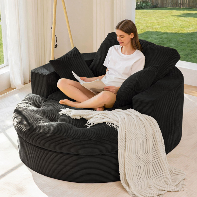 Sofa Couch And Chaise Lounge Set,Corduroy Boneless Floor Sofa Bed For Living Room, Black
