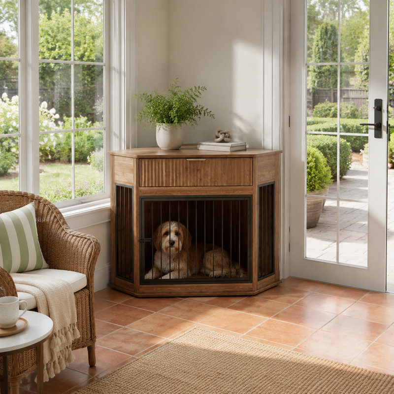 Table de bout 31,5 po avec tiroir cannelé, table de bout en noyer et panneau de fibres à densité moyenne pour petits et moyens chiens
