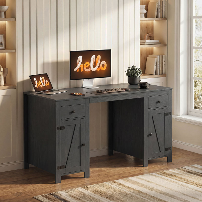 Bureau d'ordinateur 53 po avec 2 tiroirs et 2 armoires, noir, Noir