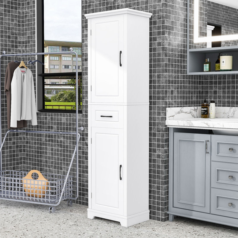 Armoire de rangement minimaliste pour salle de bain avec tiroir, tablettes réglables et conception anti-débordement, Blanc