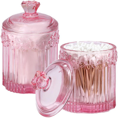 Qtip Holder Glass Apothecary Jars with Lids, Bathroom Accessories Vanity Organizers and Makeup Storage Canister, 2 Pack, (Pink)