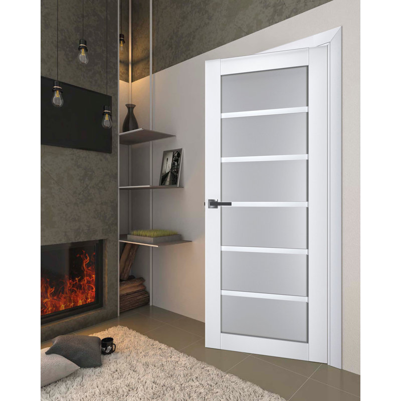 Porte intérieure française pleine prémontée, verre dépoli, Veregio 7602 Blanc Soie, panneau simple standard, cadre, poignées, salle de bain, chambre, portes robustes - 91,4 cm x 213,4 cm