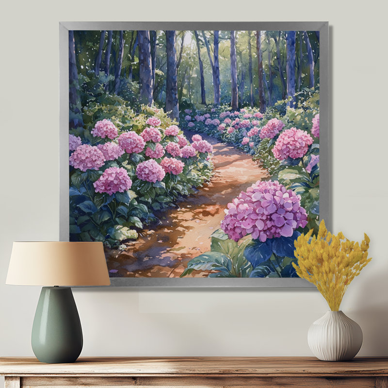 Hortensias dans le sentier de la forêt - hydrangées, art mural, H 16 po x l 16 po, Reproduction encadrée d'une seule photo