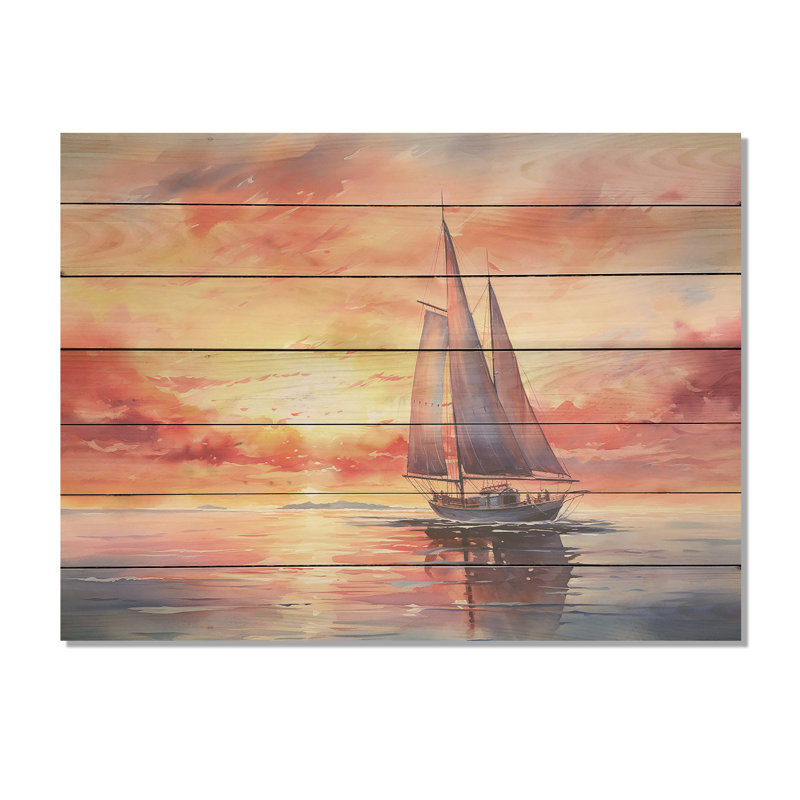 Motif de voiliers pastel, coucher de soleil III - Bateau à voile sur bois, H 10 po x l 20 po x P 0,78 po