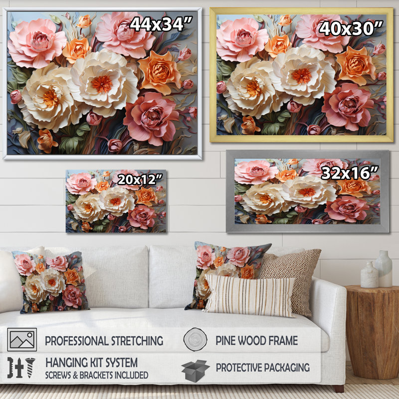 " Carnations Romantic Ruffles Patchwork ", 34" H x 44" W x 1.5" D, Black Picture Framed