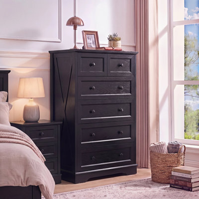 6 Drawer Dresser for Bedroom, Tall Farmhouse Chest of Drawers, Wooden Storage Cabinet with Deep Drawers, Vertical Space-Saving Organizer