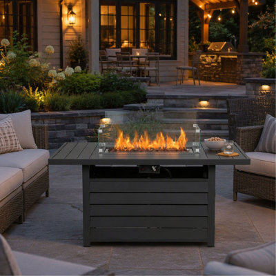 54.3 Inch Rectangular Aluminum Fire Pit Table, 50,000 BTU Propane Gas Burner, with Lava Rock and Waterproof Cover for Backyard